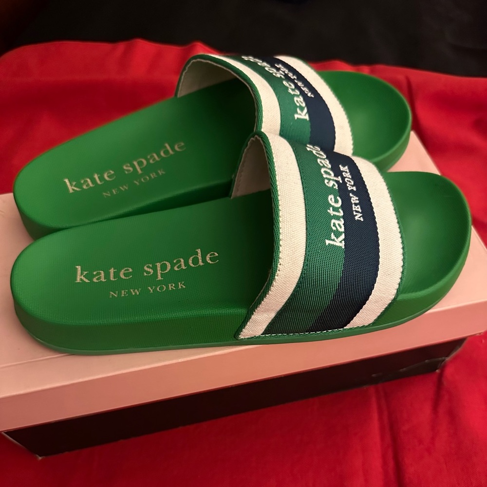 Kate Spade Buttercup Slide Sandals- Fresh Green/Blue/White Size 7 EUC in box